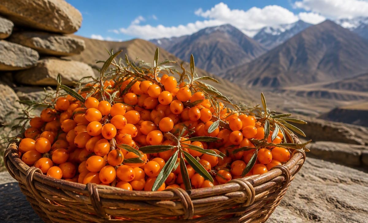 A basket of deep orange Leh sea buckthorn berries on sunbaked stone with mountains behind