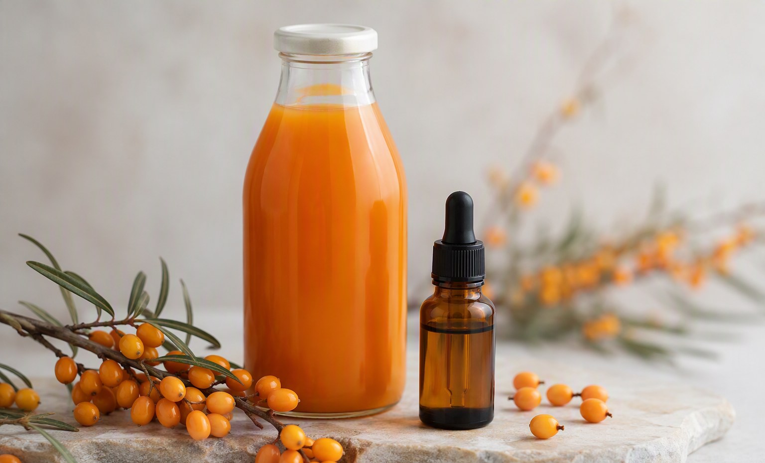 A bottle of orange sea buckthorn juice and a small dropper bottle beside fresh berries