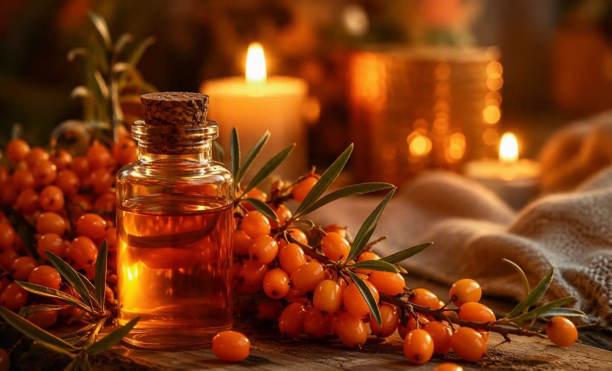 Sea buckthorn berries and oil in a warm still life with candles behind
