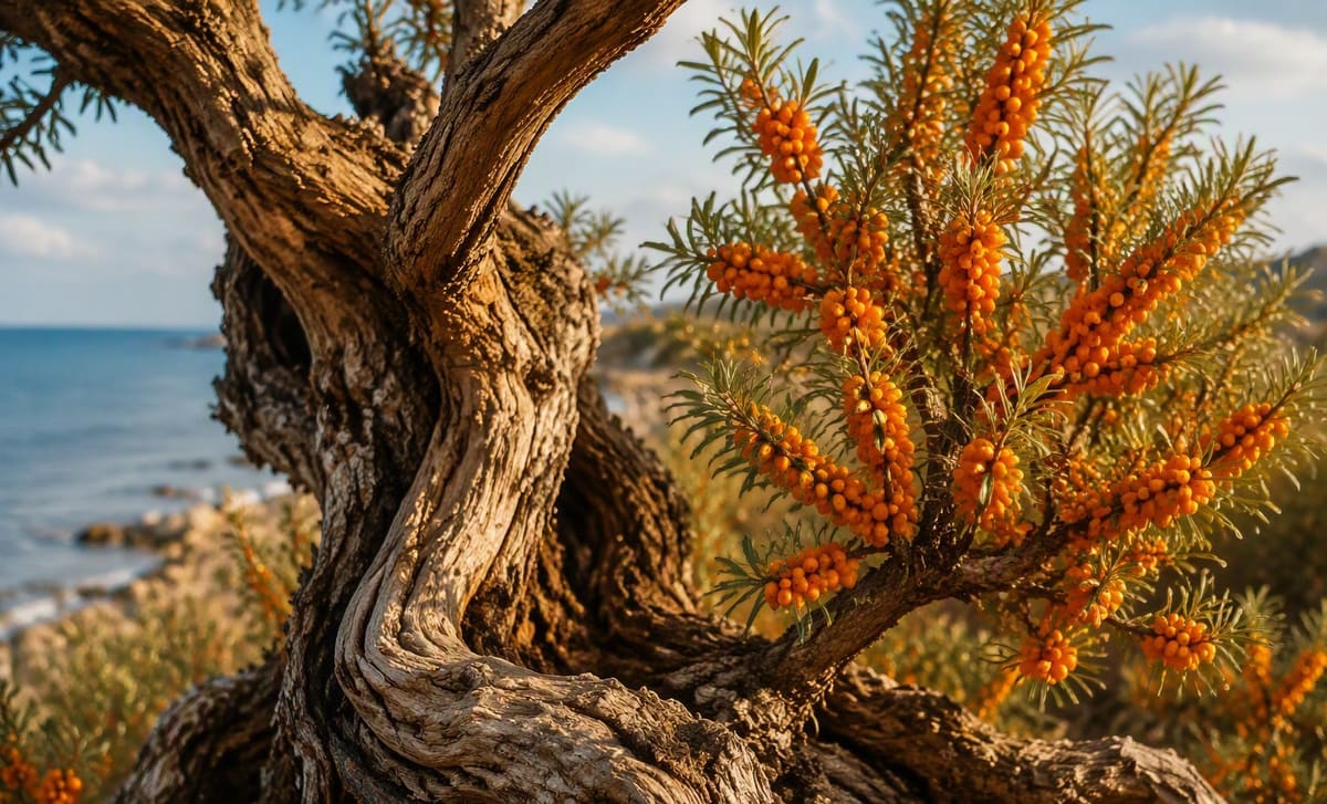 An old gnarled sea buckthorn trunk carrying fresh clusters of orange berries