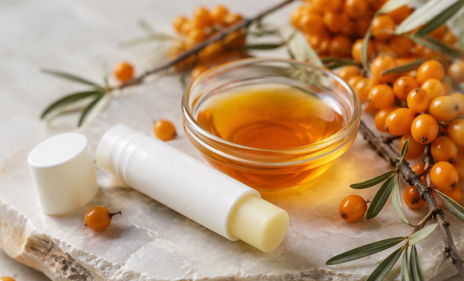 A plain lip balm tube beside a small dish of orange sea buckthorn oil and fresh berries