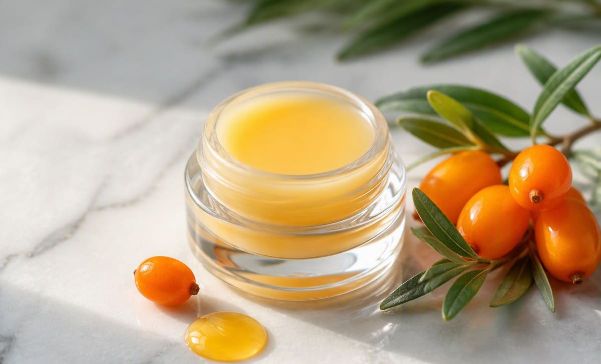 An open pot of golden lip balm with a drop of sea buckthorn oil and fresh orange berries