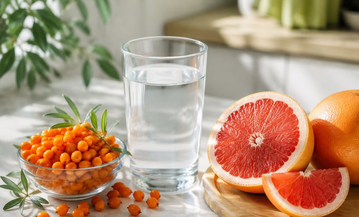A glass of water, sea buckthorn berries, and a sliced grapefruit on a bright counter