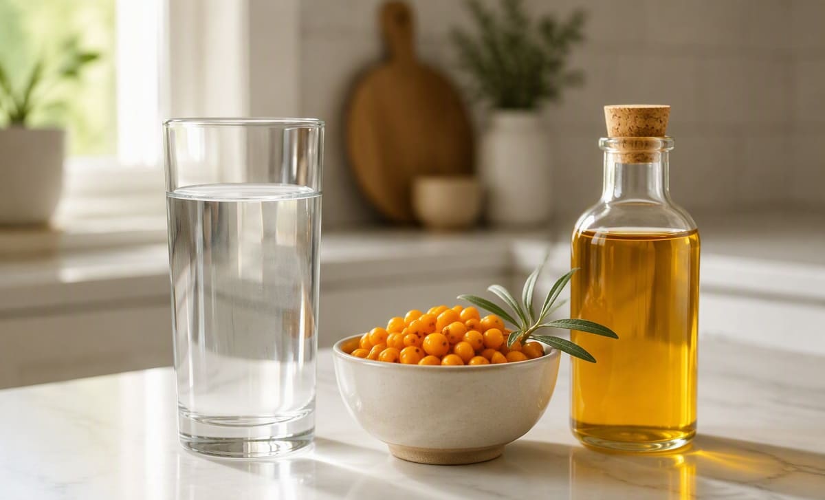 A tall glass of water, a bowl of fresh sea buckthorn berries, and a bottle of golden oil on a kitchen counter
