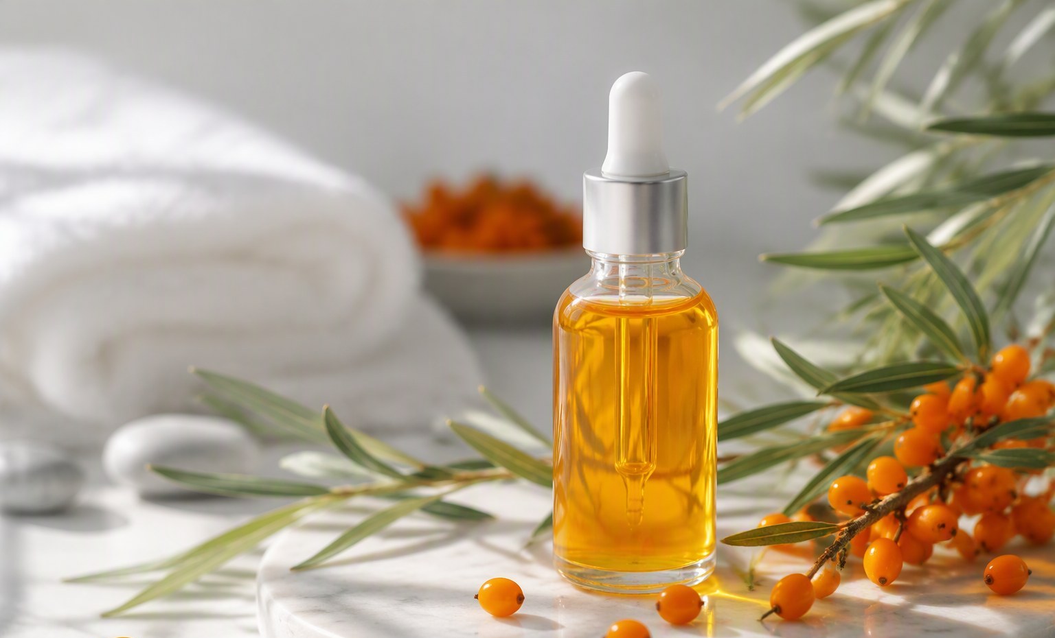 A glass dropper bottle of golden sea buckthorn face oil beside a folded towel and berries