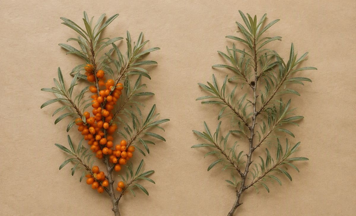 A sea buckthorn branch and a plain wild branch laid side by side on kraft paper