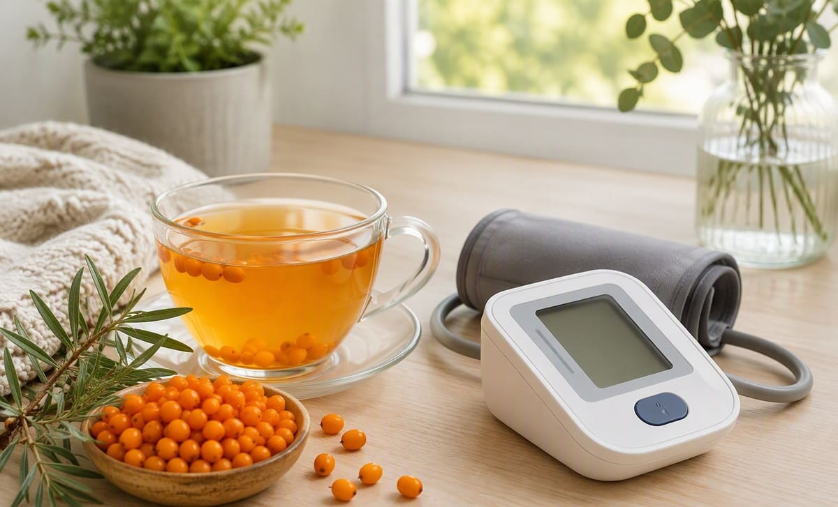 Sea buckthorn tea and berries beside a home blood pressure monitor