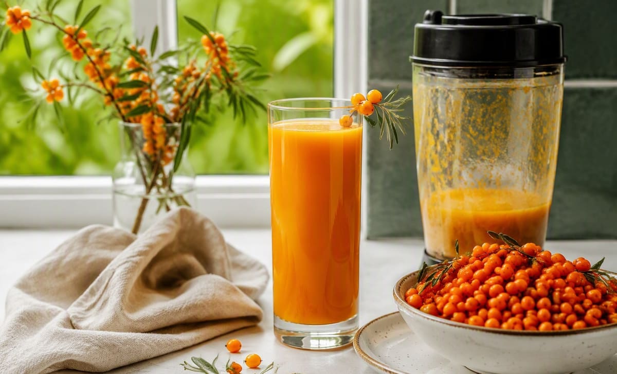 A tall glass of vivid orange sea buckthorn juice beside a blender jar and a bowl of fresh berries