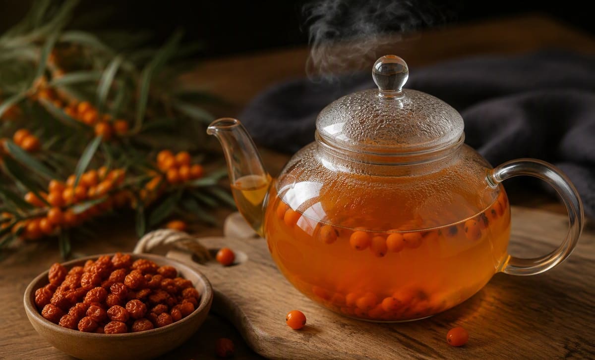A glass teapot of amber sea buckthorn tea with berries inside beside a bowl of dried berries