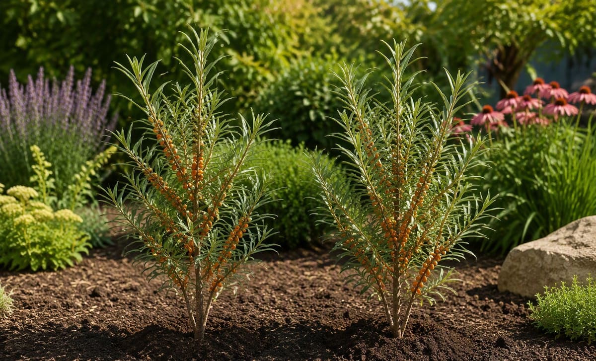 Two young sea buckthorn shrubs planted side by side in a sunny garden bed