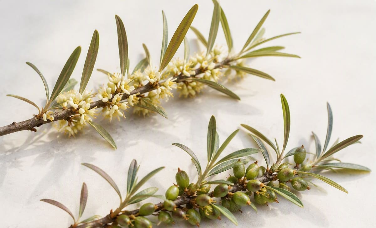 Two sea buckthorn branches, one flowering and one with young berries forming