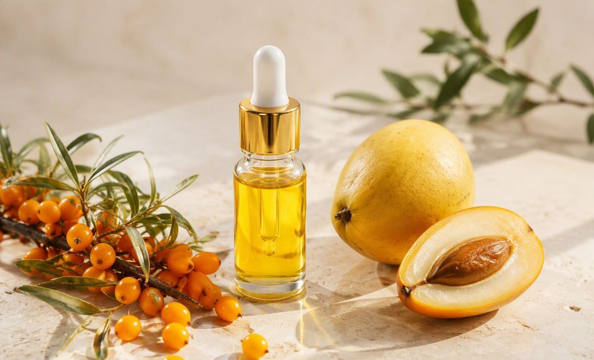 Sea buckthorn berries beside a ripe marula fruit and a small bottle of golden oil
