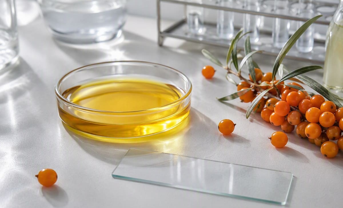 A glass petri dish of golden sea buckthorn oil with a microscope slide and fresh berries on a bright lab bench