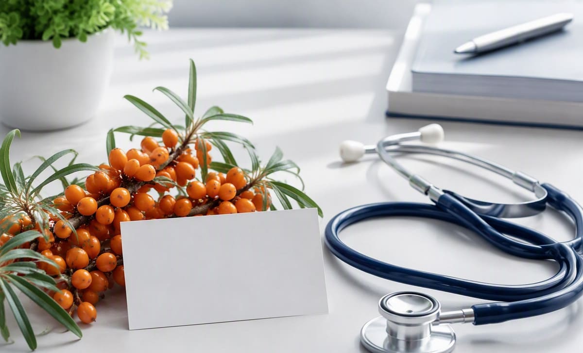 Sea buckthorn berries beside a stethoscope and a small blank card
