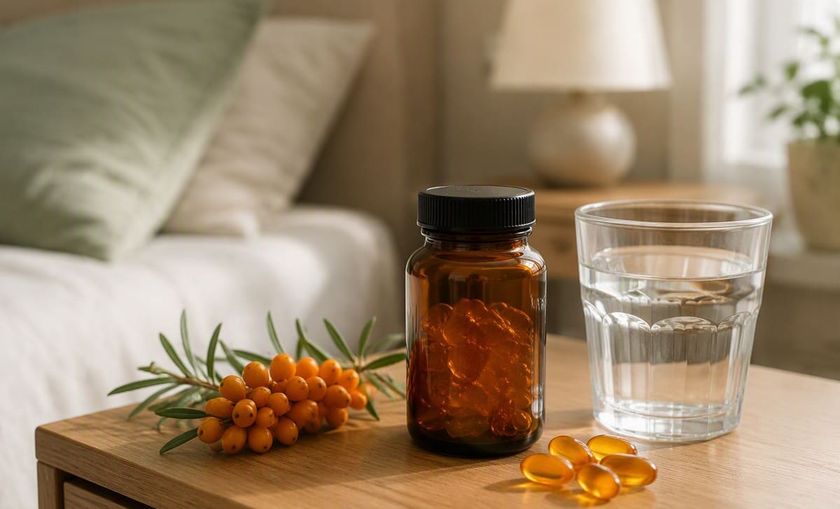 An unlabeled bottle of sea buckthorn oil capsules beside water and berries