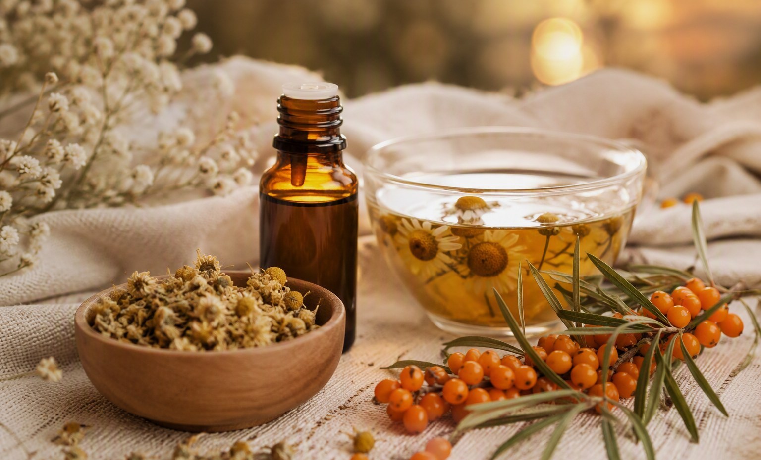 Sea buckthorn oil beside herbal tea and chamomile, a calming evening routine