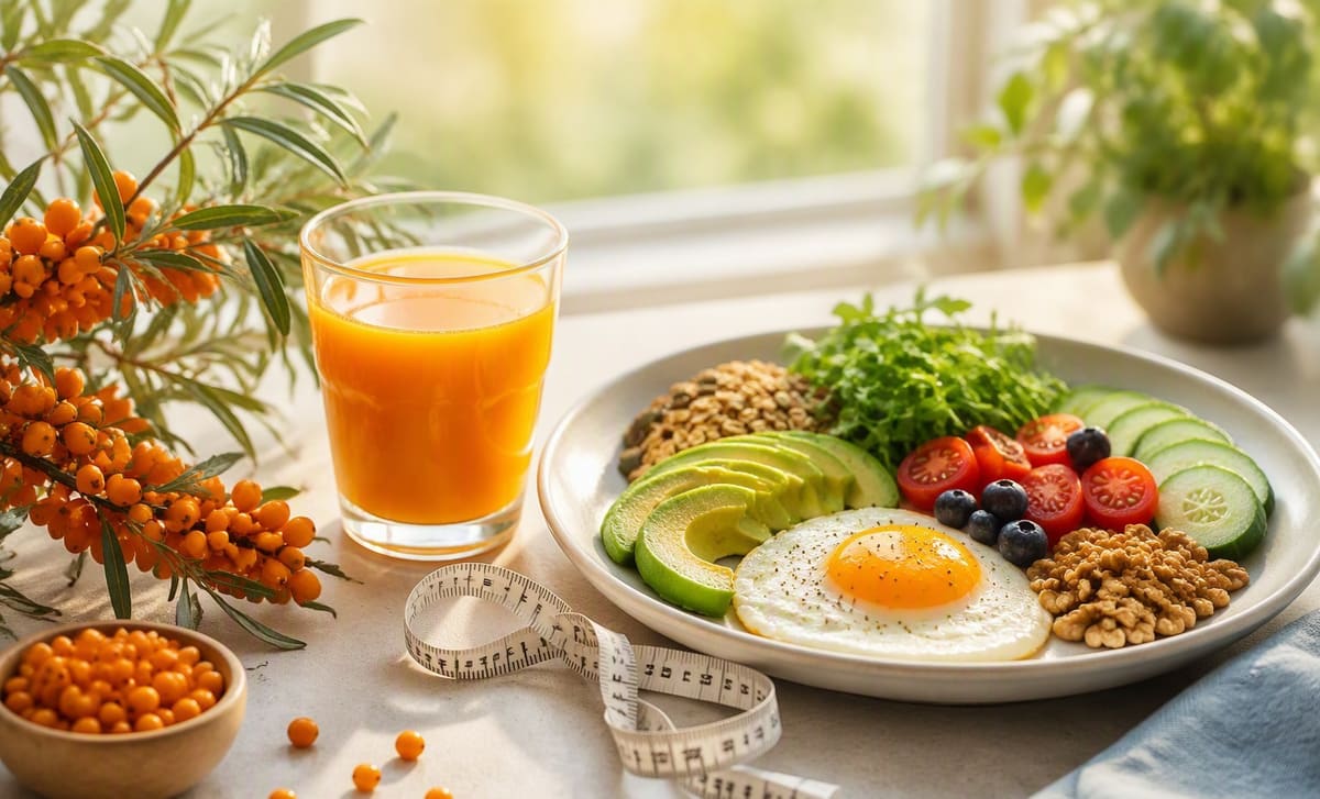 Sea buckthorn berries and juice beside a measuring tape and a balanced breakfast plate