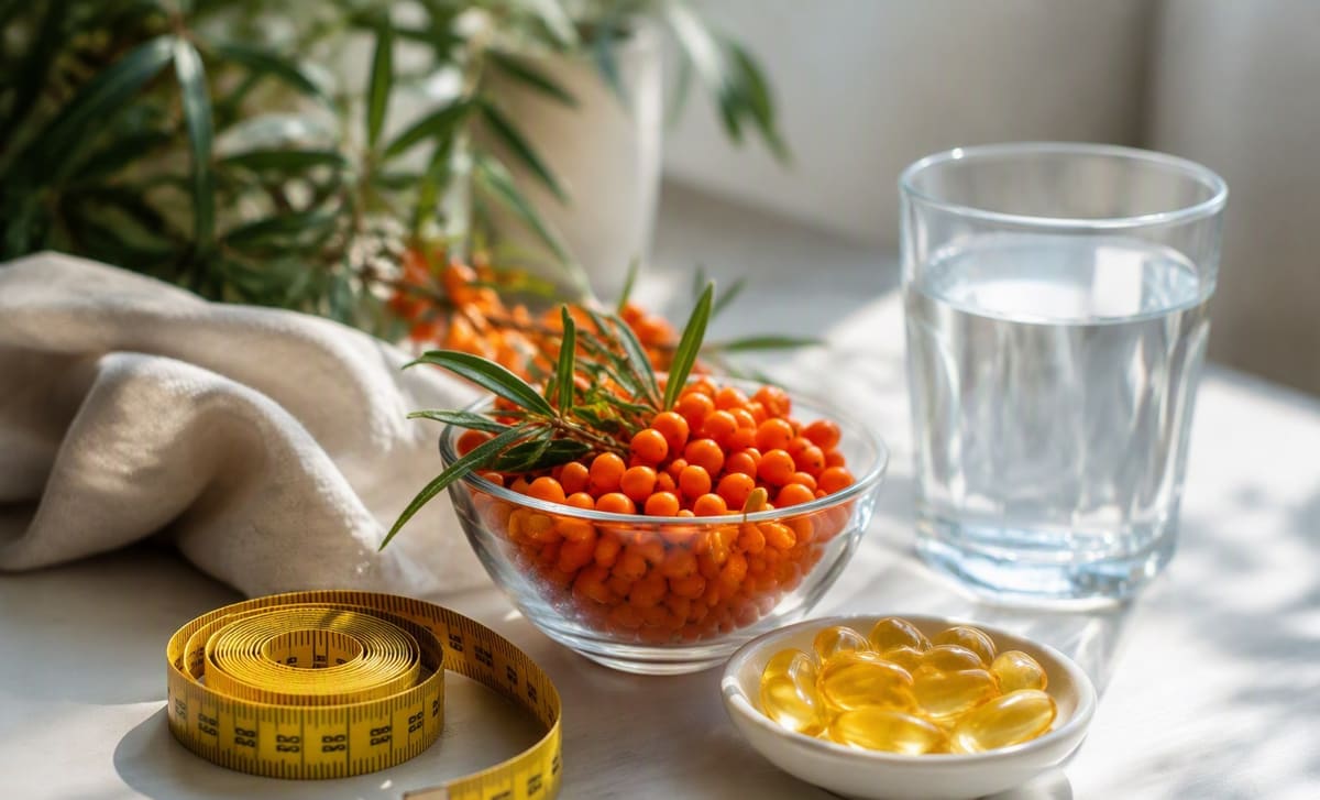 A tape measure beside sea buckthorn berries, oil capsules, and water