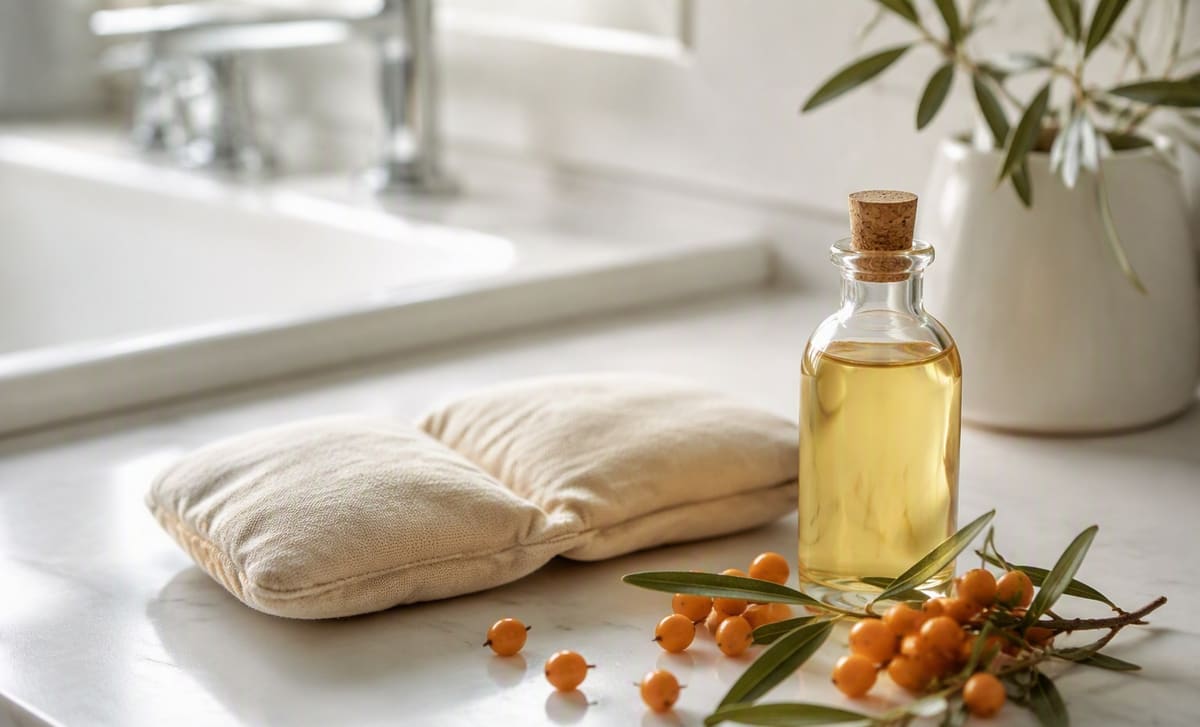 A folded eye compress beside a bottle of pale sea buckthorn seed oil and berries on a bathroom counter