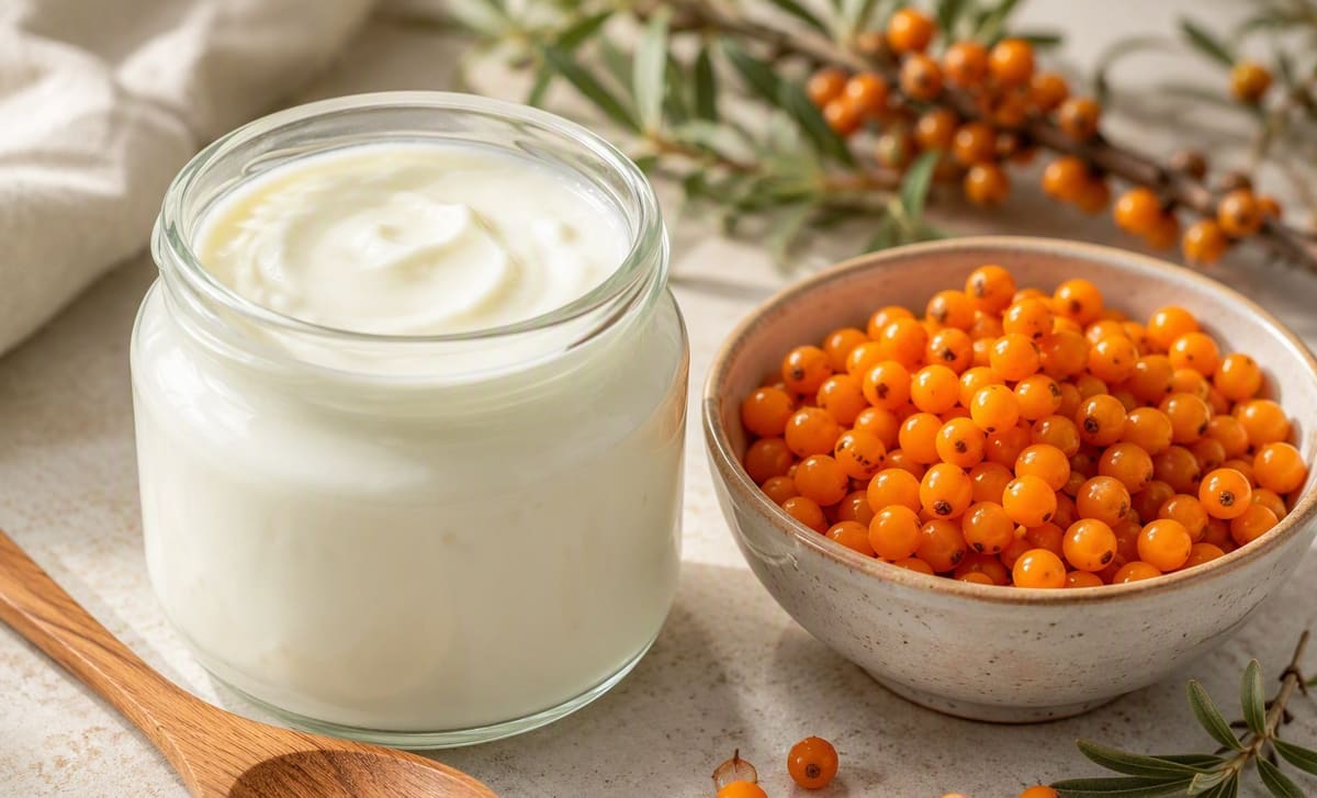 A glass jar of plain yogurt beside a bowl of fresh sea buckthorn berries on a bright counter