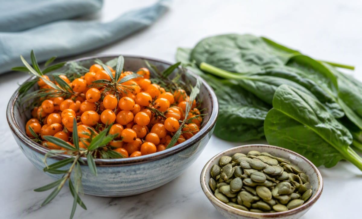 Sea buckthorn berries beside a dish of pumpkin seeds and fresh spinach leaves