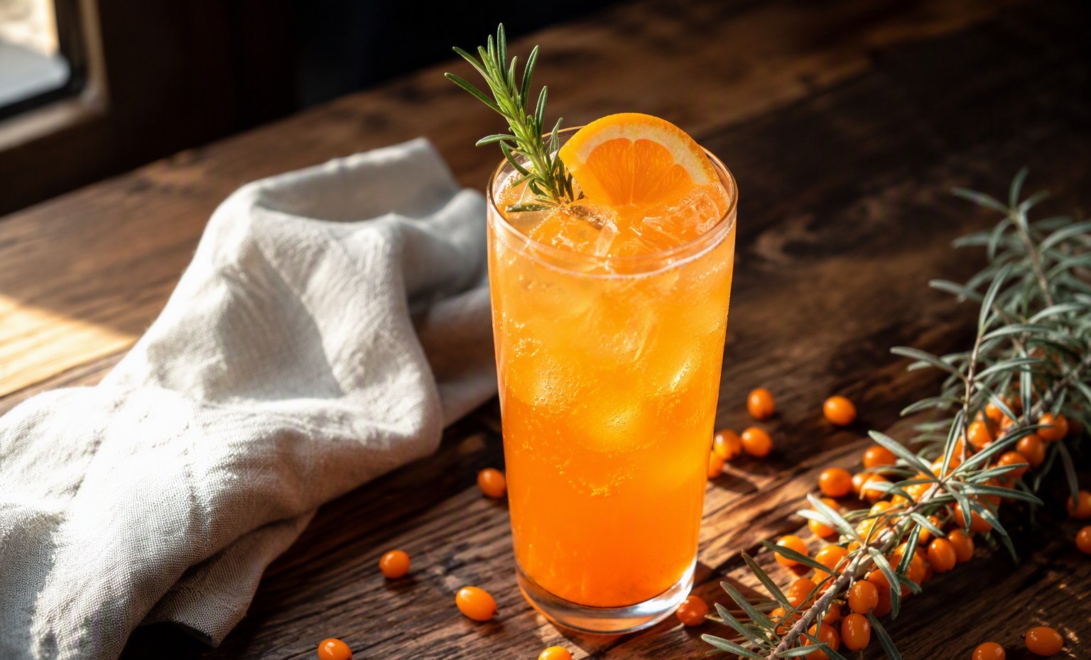 An orange sea buckthorn spritz mocktail with ice, an orange slice, and rosemary