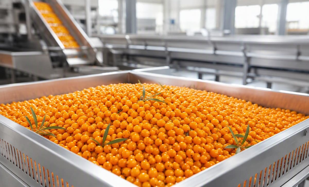 Harvested sea buckthorn berries in a stainless steel crate at a processing facility