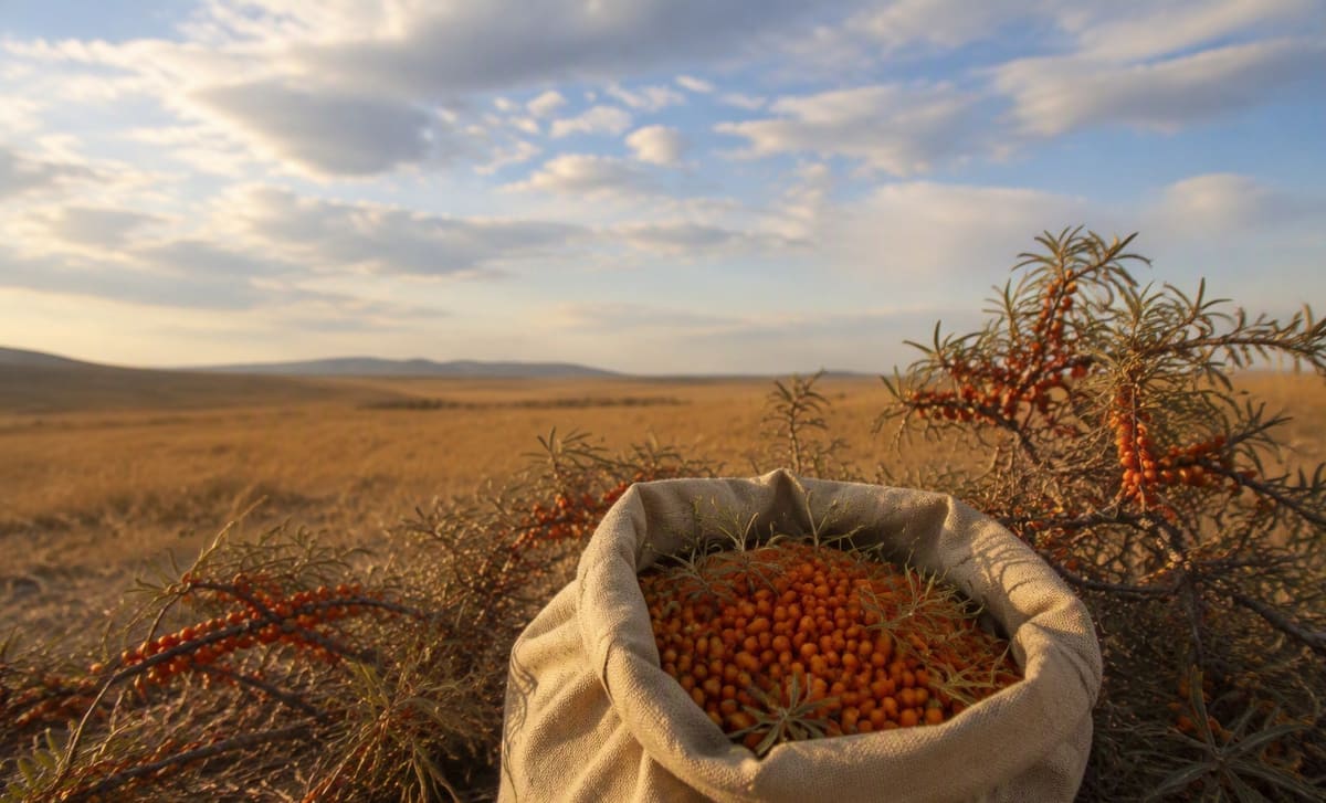 Wild sea buckthorn berries gathered in a canvas sack on the open Mongolian steppe