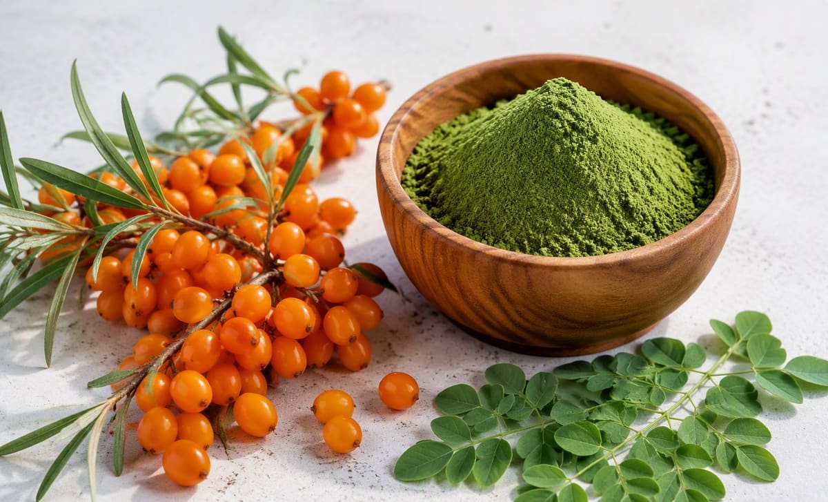 Sea buckthorn berries beside a bowl of green moringa powder and fresh moringa leaves