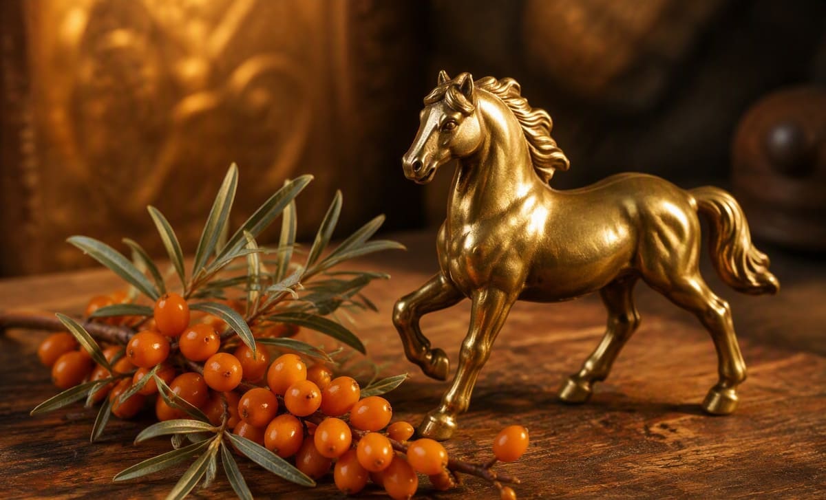 A sprig of sea buckthorn berries beside a small brass horse figurine