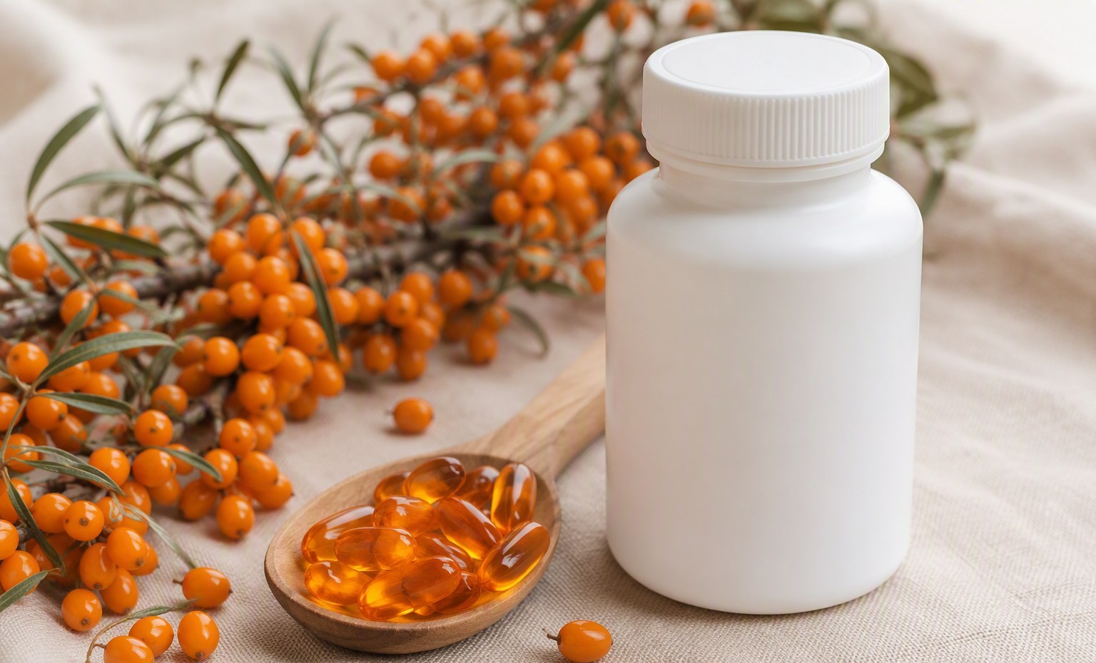 A white supplement bottle beside sea buckthorn softgels in a wooden spoon and fresh berries