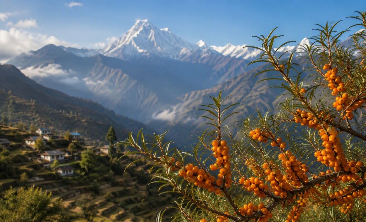 A sea buckthorn branch with terraced hillsides and snow peaks in Nepal behind