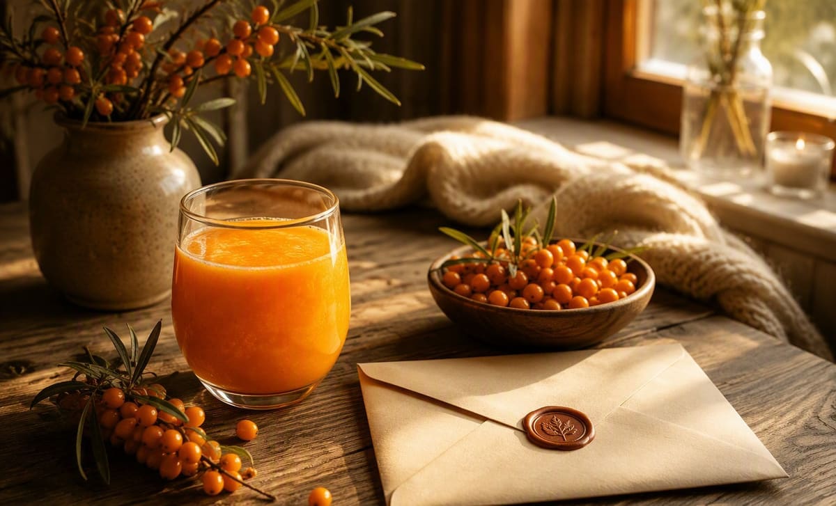 Sea buckthorn juice, berries, and a wax sealed envelope on a morning table