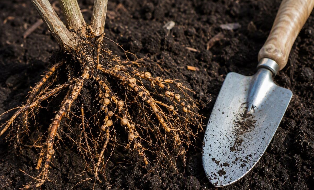 Exposed sea buckthorn roots with small round nodules beside a garden trowel