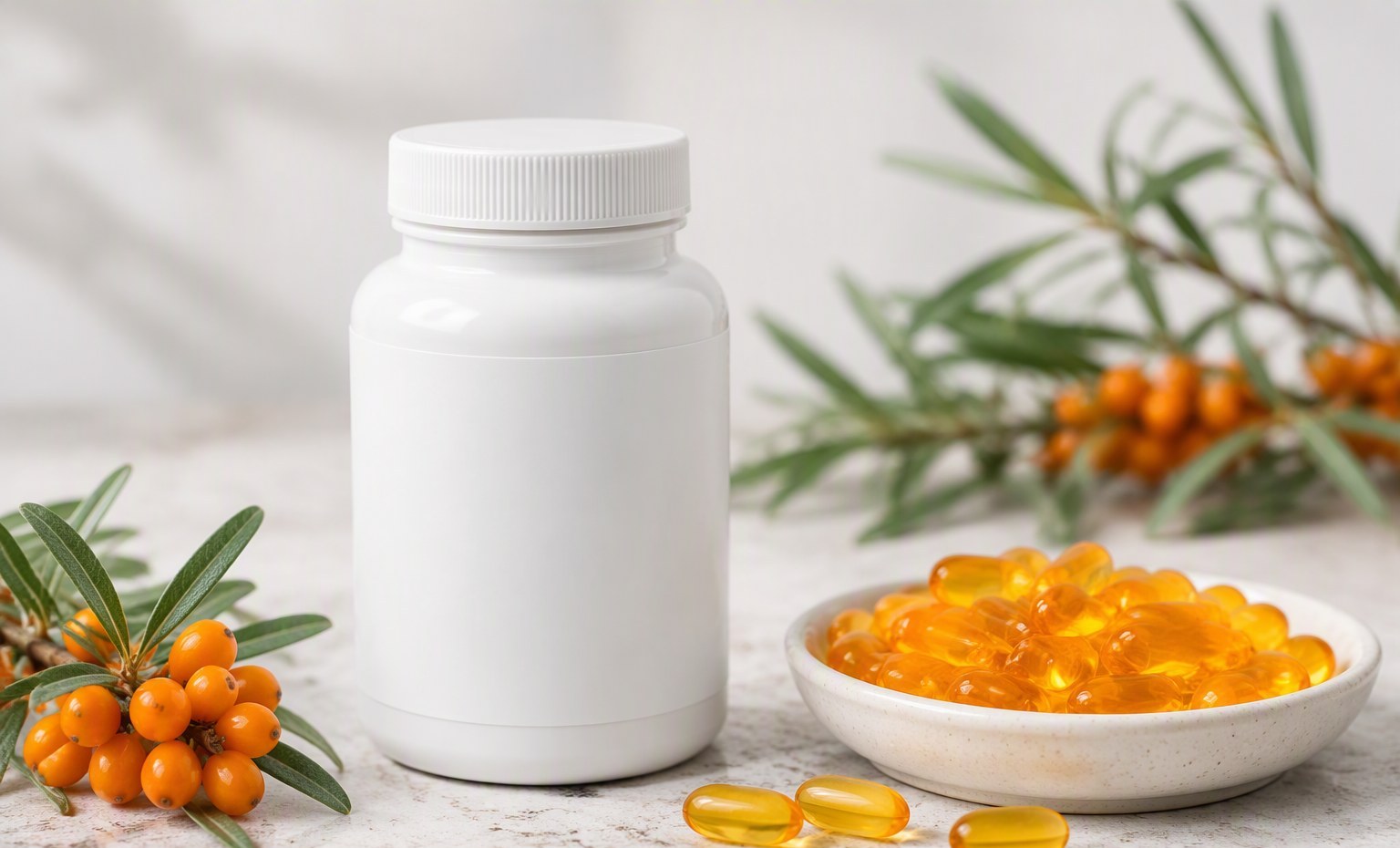 A white supplement bottle with a blank label beside a dish of golden sea buckthorn softgels