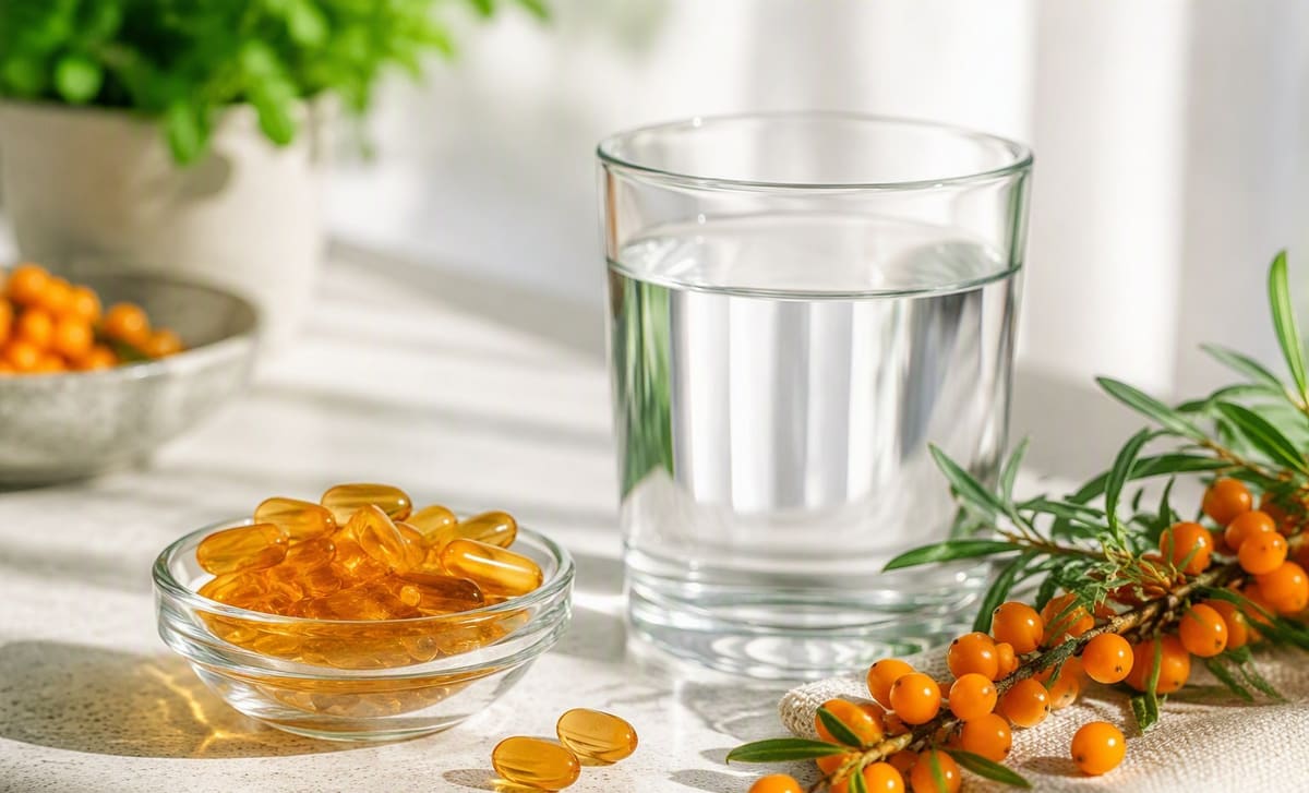 A small glass dish of amber sea buckthorn oil capsules beside a glass of water and fresh berries