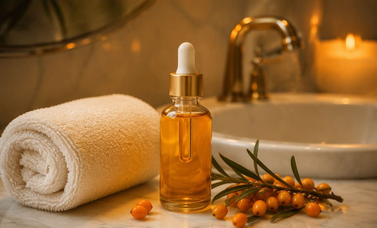 A rolled washcloth and a dropper bottle of golden sea buckthorn oil on a bathroom counter