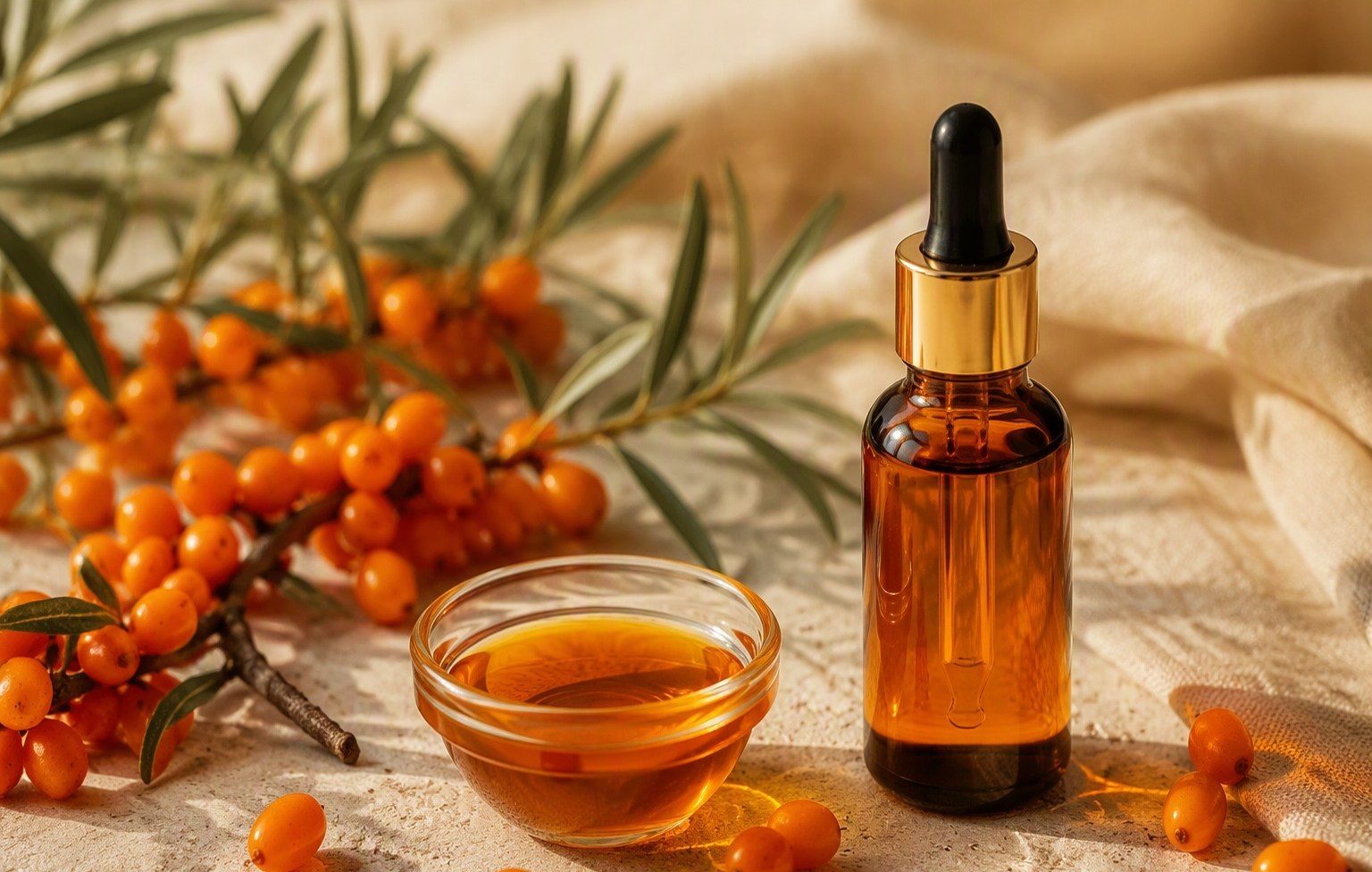 A glass bottle of deep amber sea buckthorn oil with a dropper beside fresh berries