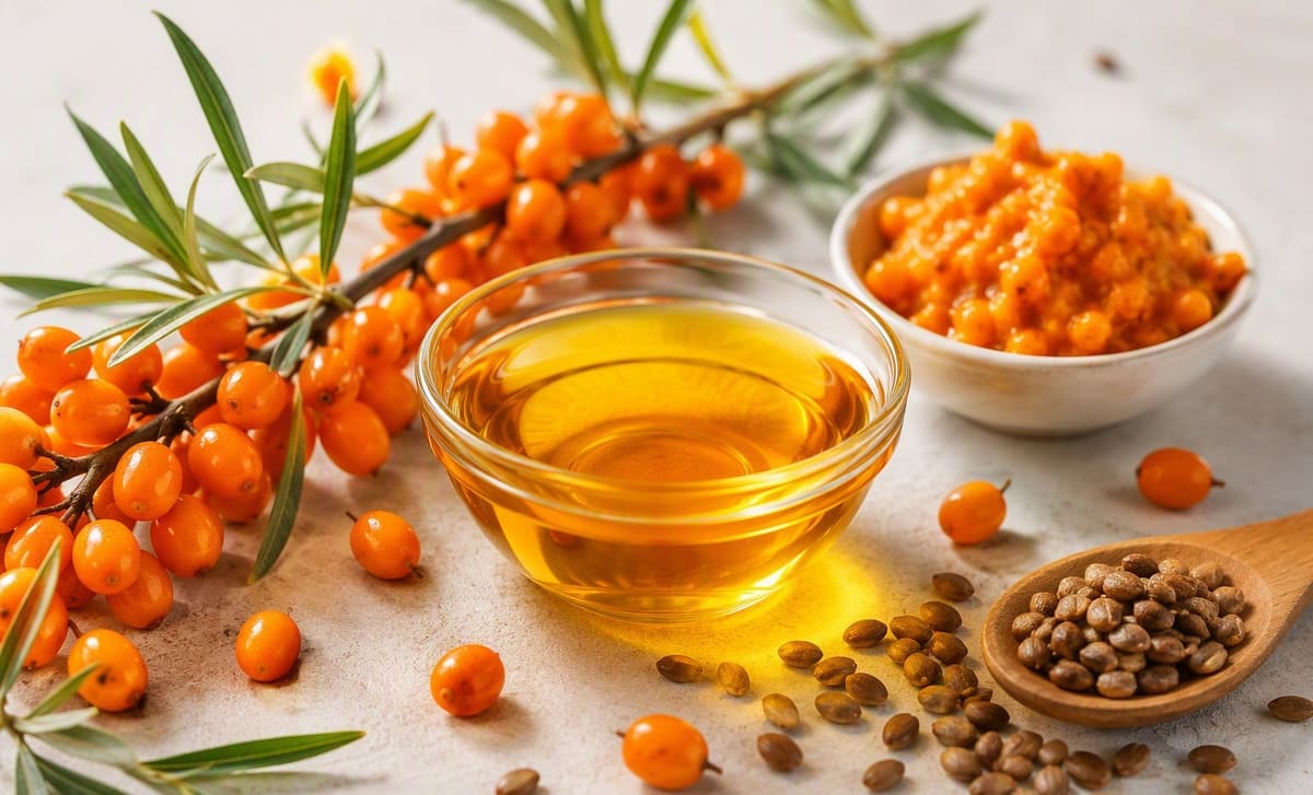 A glass bowl of golden orange sea buckthorn oil with berries, seeds, and pulp