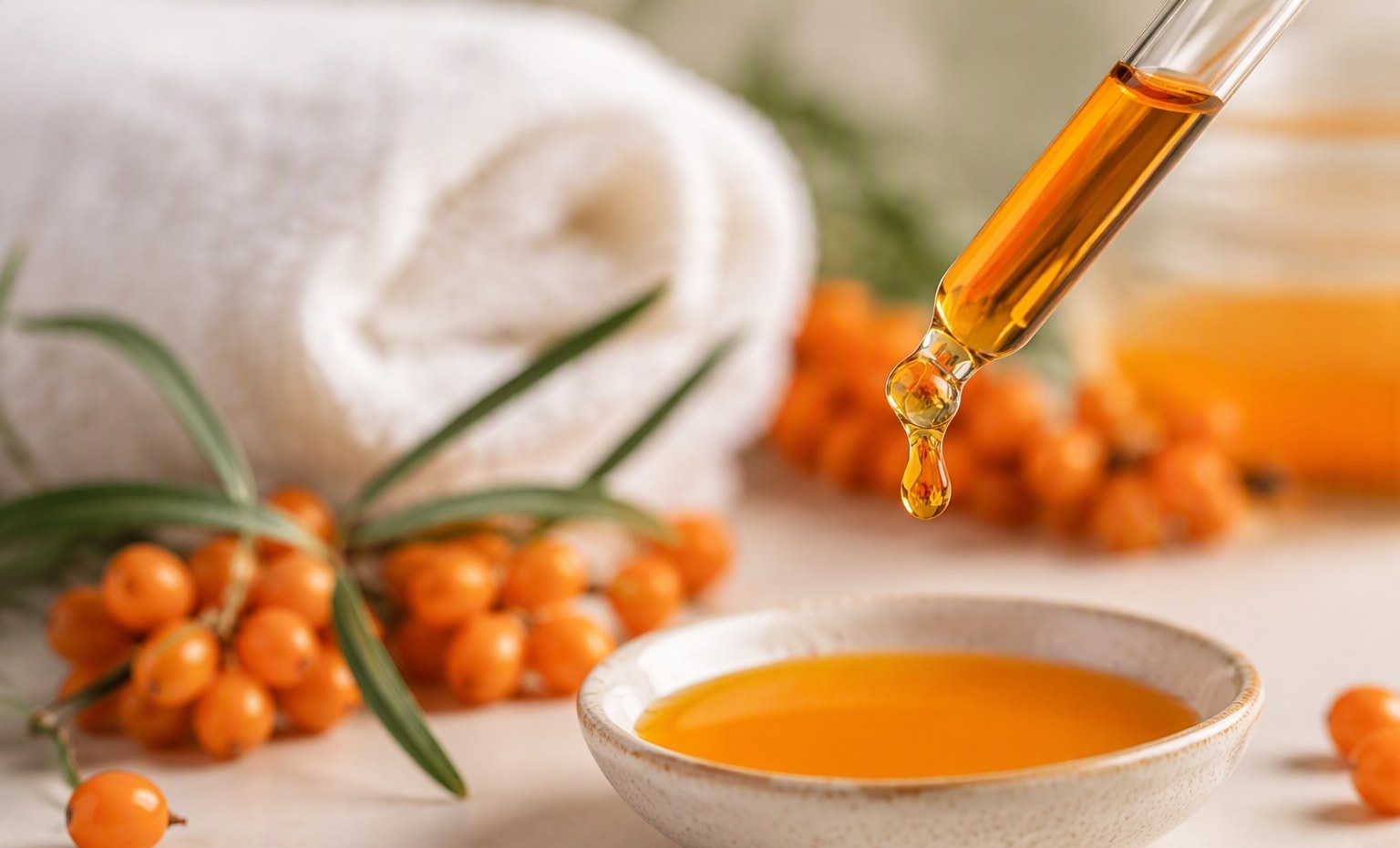 A drop of golden sea buckthorn oil falling from a dropper, part of a face routine