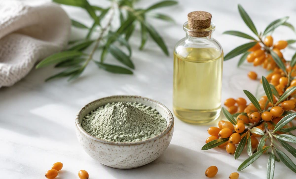 A bowl of green cosmetic clay beside a bottle of pale sea buckthorn seed oil and fresh berries