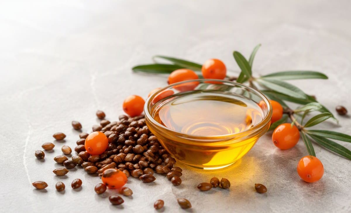 A small glass dish of golden sea buckthorn seed oil beside scattered seeds and fresh berries