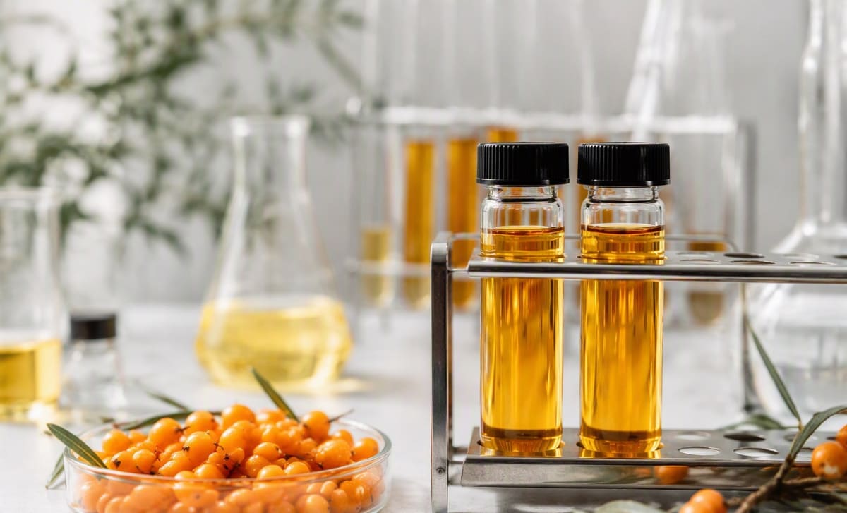 Two lab vials of golden sea buckthorn oil in a metal rack beside a dish of fresh berries
