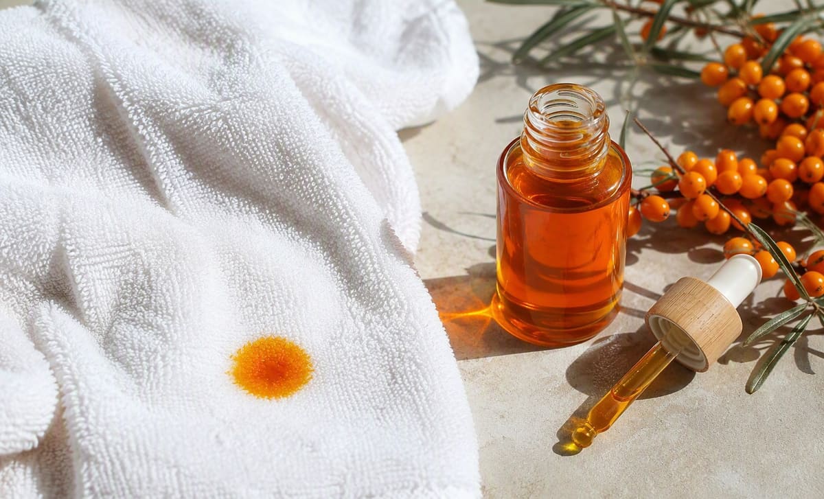 A single vivid orange oil stain on a white towel beside an open bottle of deep orange sea buckthorn oil