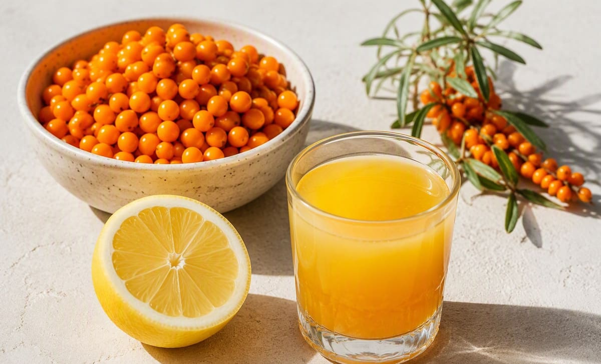 A halved lemon beside a bowl of sea buckthorn berries and a glass of sour juice