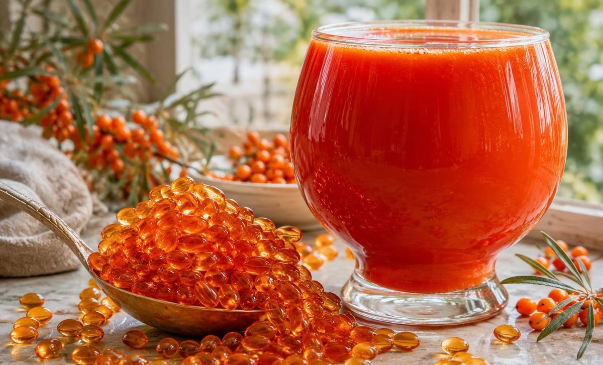 An overflowing spoon of sea buckthorn oil capsules and a very large glass of juice