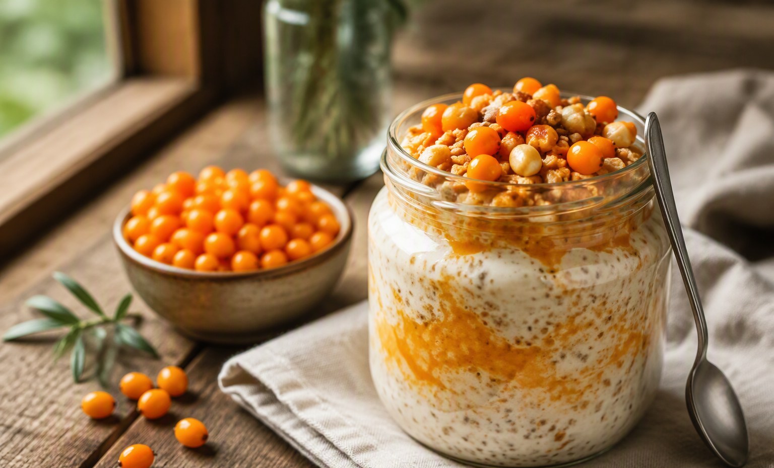 A jar of overnight oats swirled with orange sea buckthorn, topped with granola and berries
