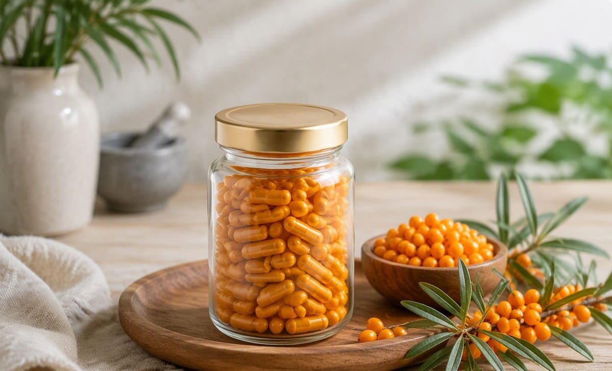 An unlabeled jar of sea buckthorn capsules with fresh berries on a review table
