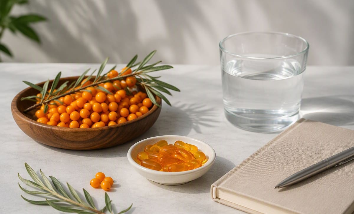 Sea buckthorn berries, oil capsules, water, and a health notebook on a bright table