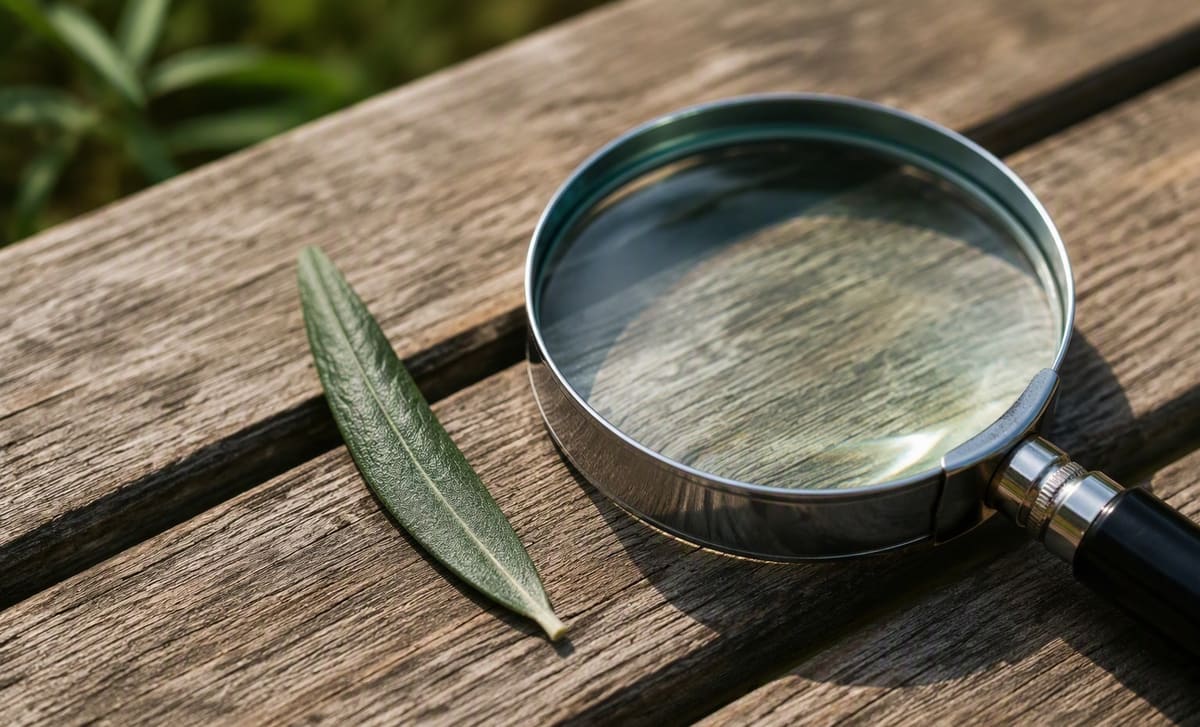 A single sea buckthorn leaf beside a magnifying glass on a garden bench